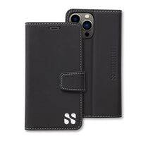 Black leather SafeSleeve phone case with white stitching and logo, designed for iPhone 14 series, featuring a flip cover and card slot.
