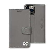 Gray SafeSleeve wallet case for iPhone 14 series with a magnetic flap and protective design.