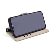 Beige RFID blocking wallet turns into a stand