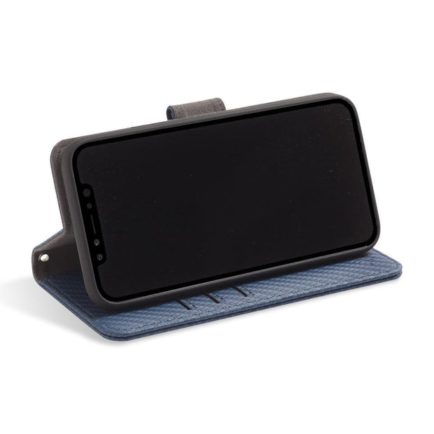 Blue RFID blocking wallet with convertible stand