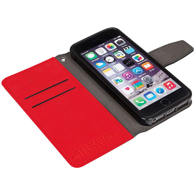 red iPhone SE, 5, and 5s RFID blocking wallet case